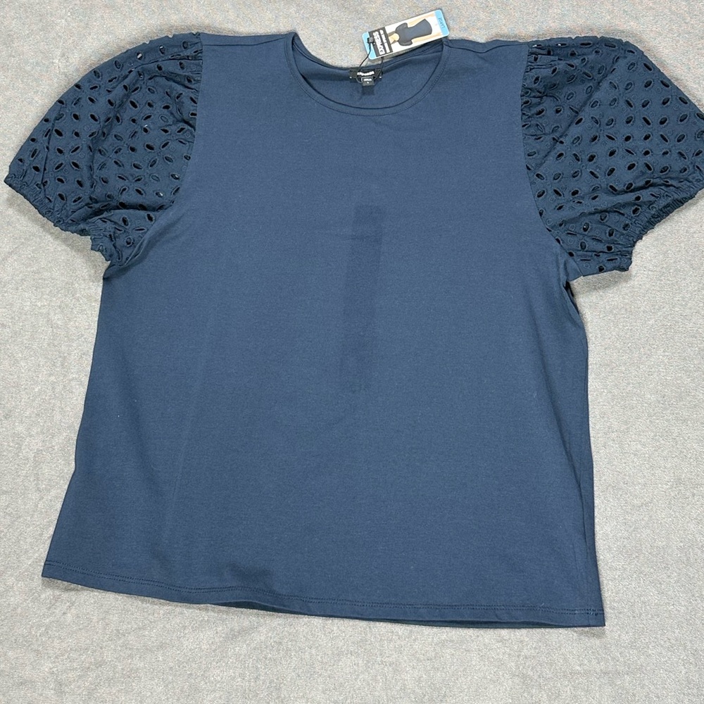 Express Navy Top Puffy Eyelet Sleeves Size Large Retail $59 03-0062